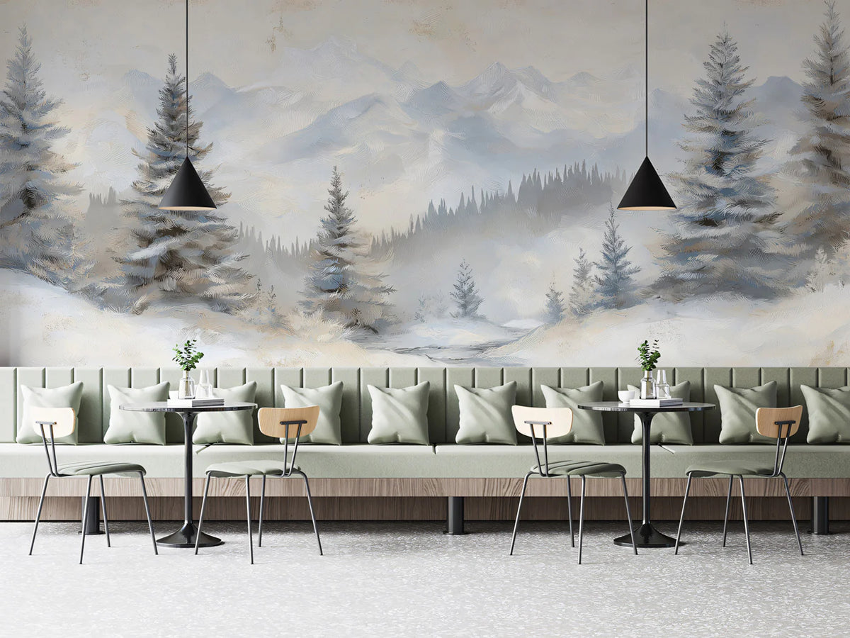 Alpine Winter Landscape Mural Wallpaper — Impressionistic Oil Style Mural Wallpaper - room preview 02