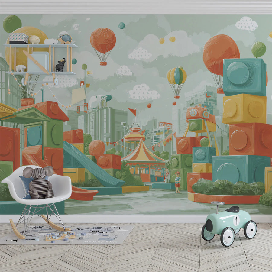Tapete mit Jahrmarkt-Motiv aus Spielzeugblöcken — Wandtapete mit fantasievollem Spielzimmer-Design