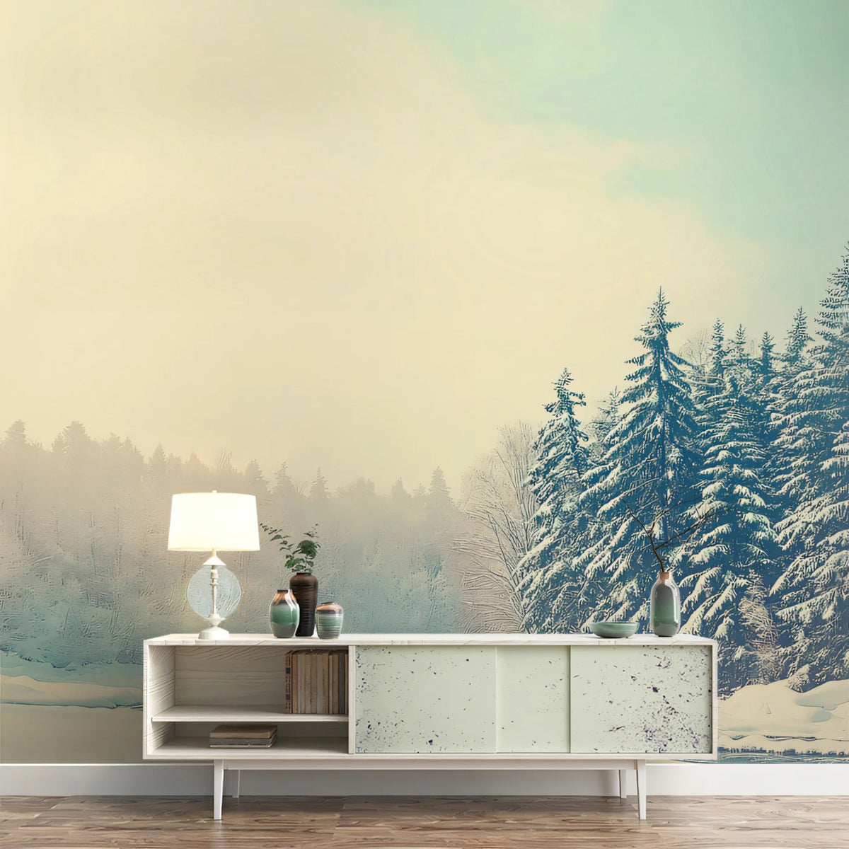 Winter Forest Stream Panoramic Mural Wallpaper — Cold Morning View Mural Wallpaper - room preview 02