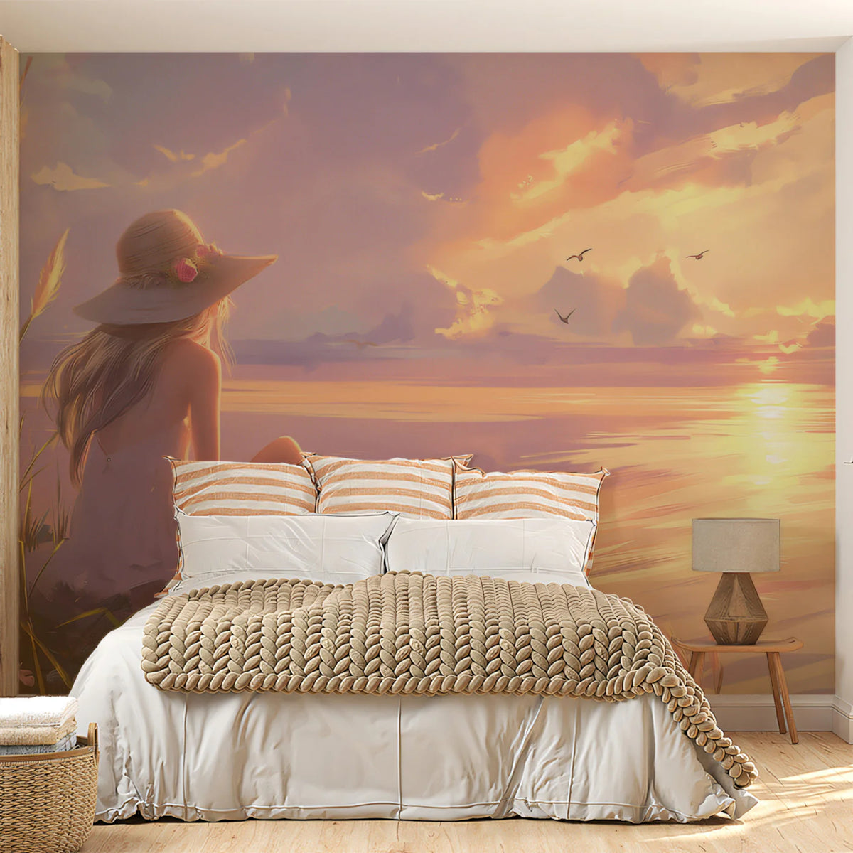 Dreamy Sunset Shore Mural Wallpaper — Whimsical Coastal Scene Mural Wallpaper - room preview 02