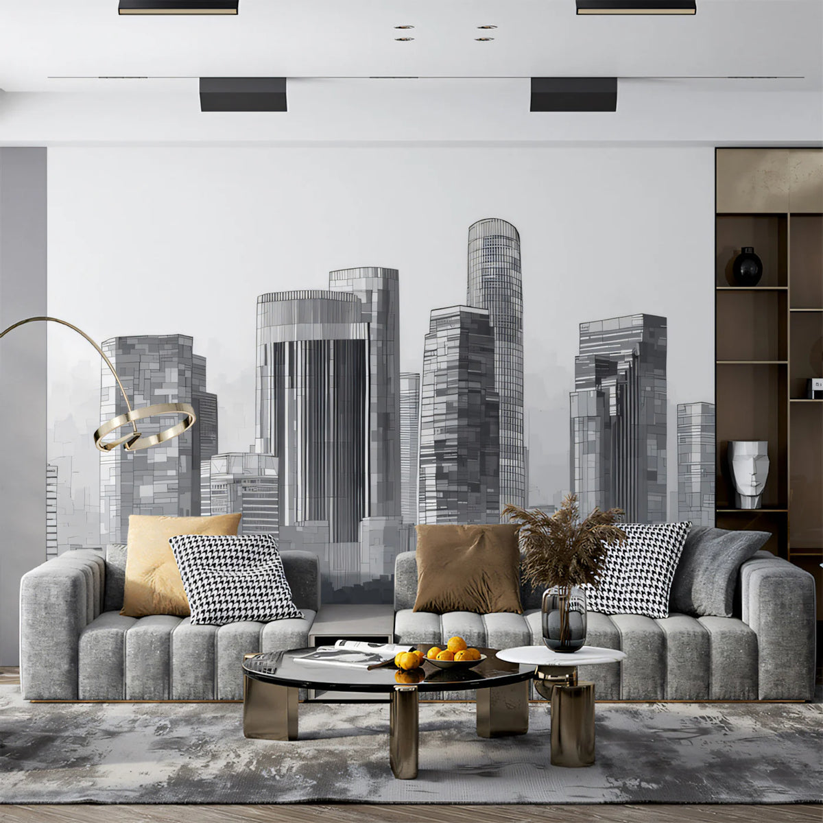 Minimalist City Silhouette Mural Wallpaper in Charcoal and Gray Mural Wallpaper - room preview 02