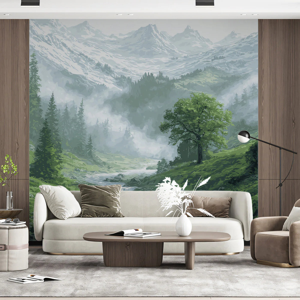 Misty Alpine Valley Mural Wallpaper — Impressionistic Mountain Scene Mural Wallpaper - room preview 02