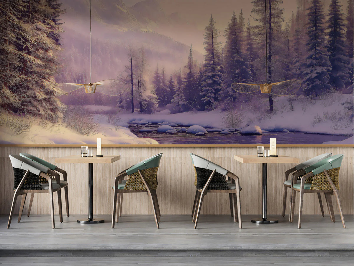Misty Winter River Mural Wallpaper — Ethereal Snowy Landscape Mural Wallpaper - room preview 02