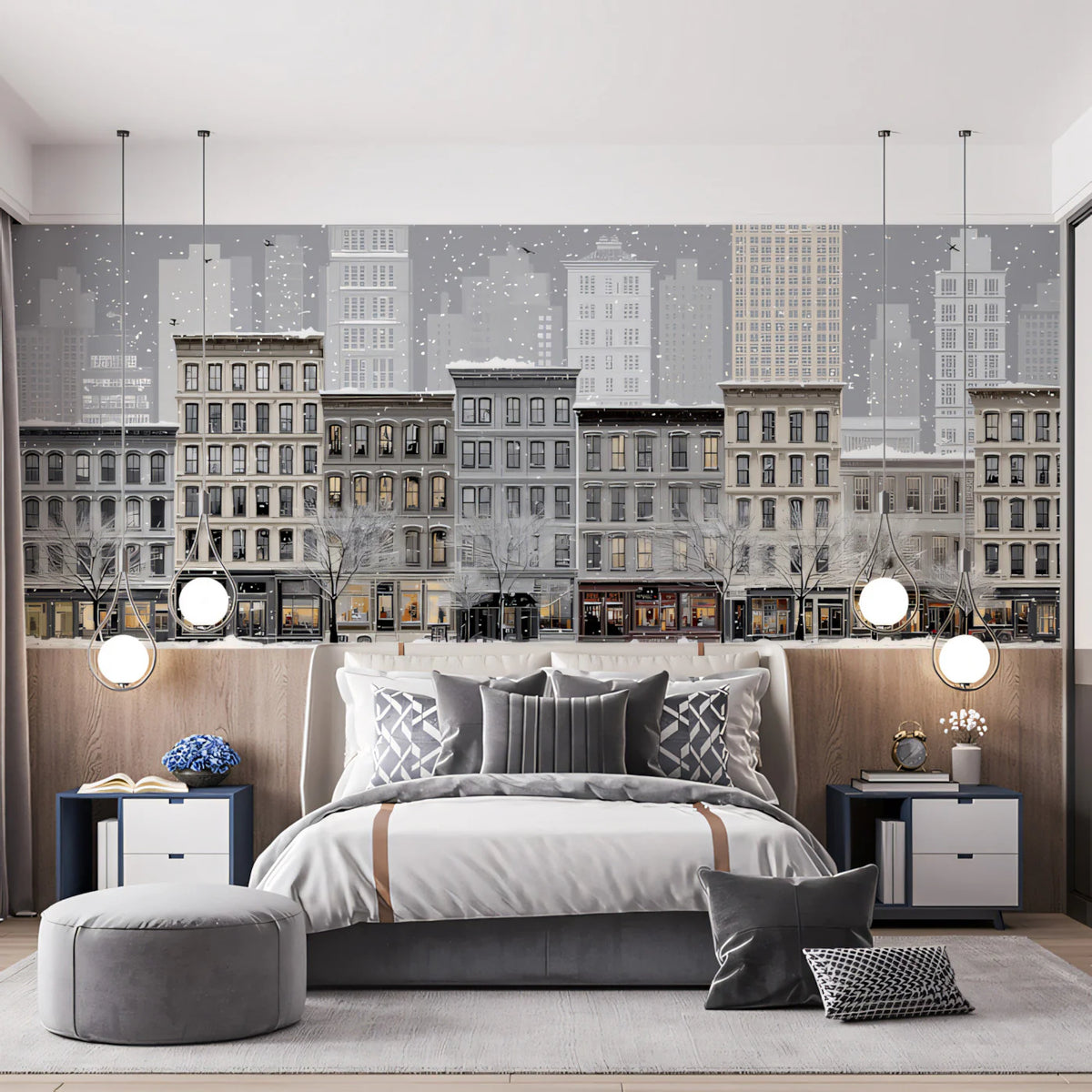 Snowy Vintage Cityscape Mural Wallpaper —Classic Urban Illustration Mural Wallpaper - room preview 02