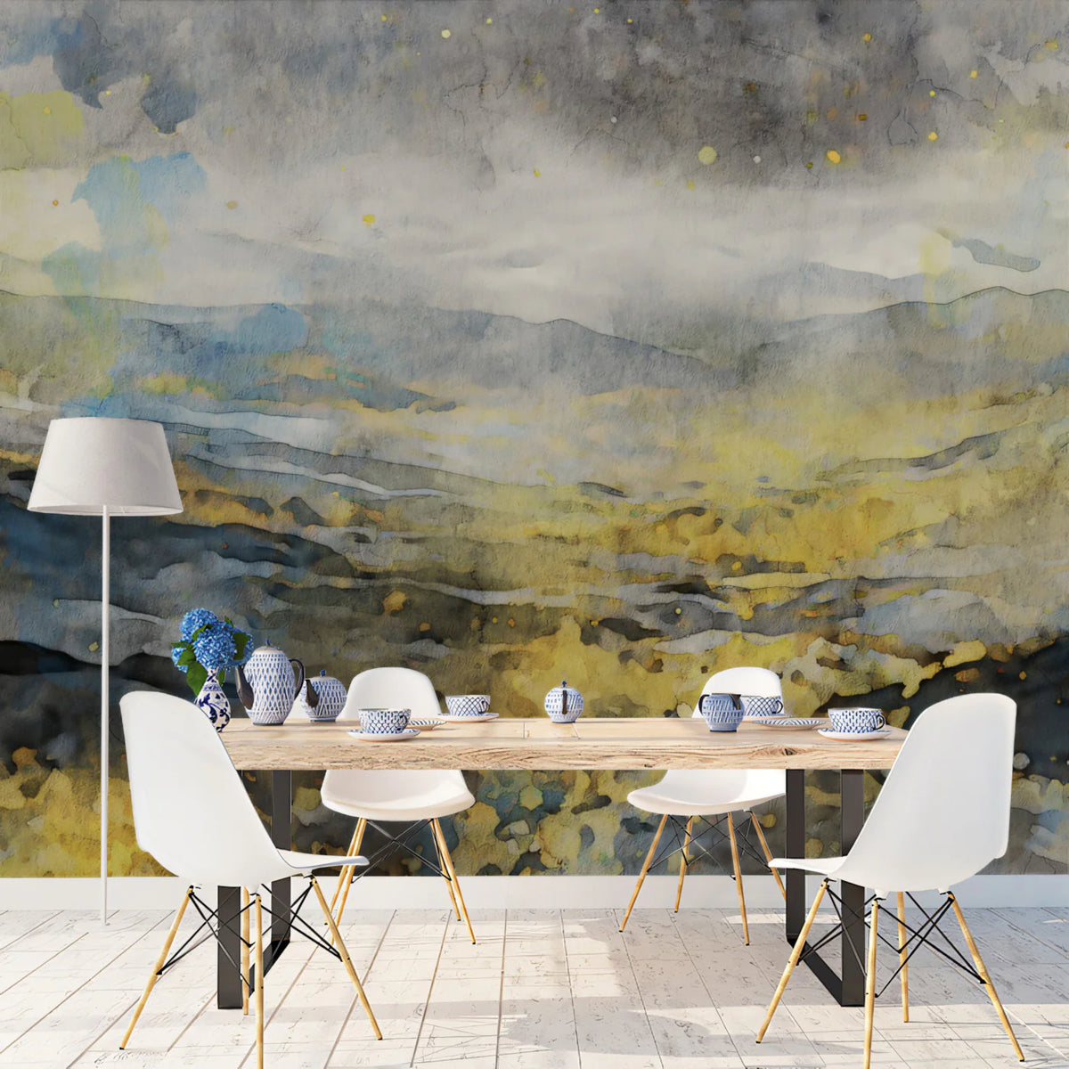 Golden Mist Mountain Mural Wallpaper — Abstract Watercolor Landscape Mural Wallpaper - room preview 02