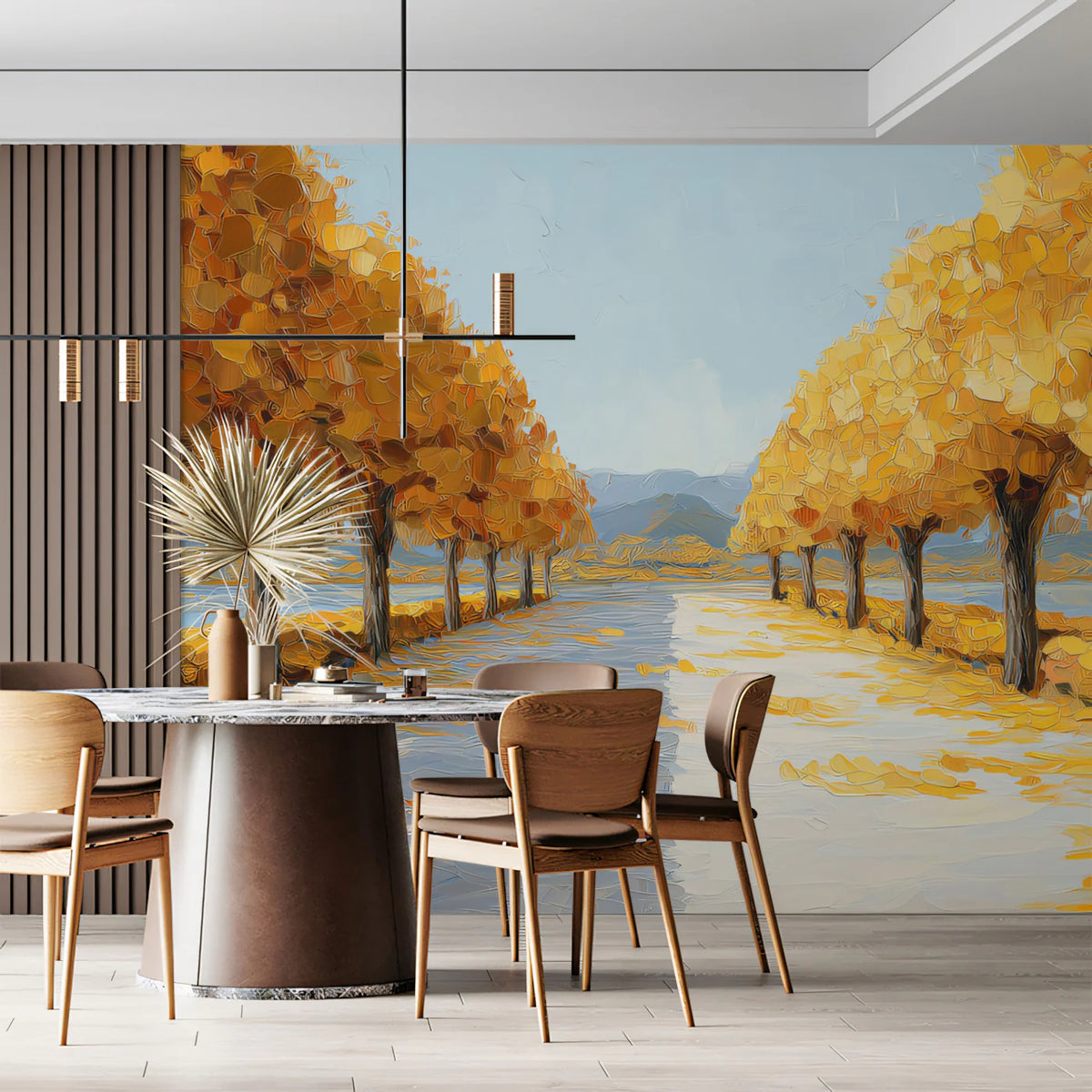 Golden Lakeside Promenade Mural — Impressionist Autumn Landscape Mural Wallpaper - room preview 02