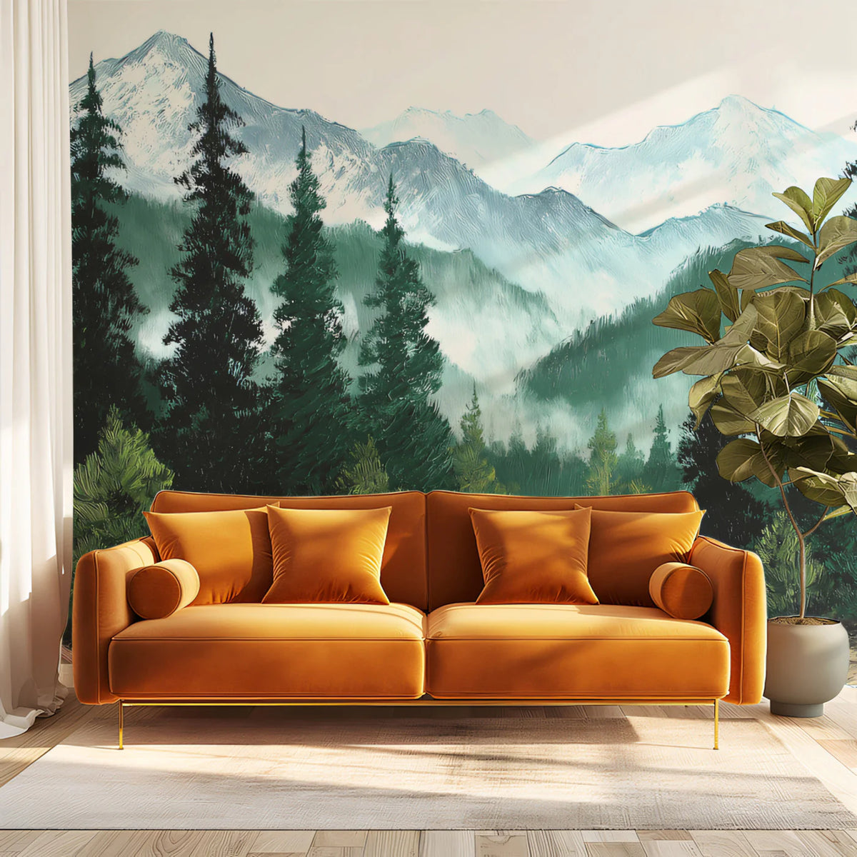 Alpine River Forest Mural Wallpaper — Painted Mountain Landscape Mural Wallpaper - room preview 02