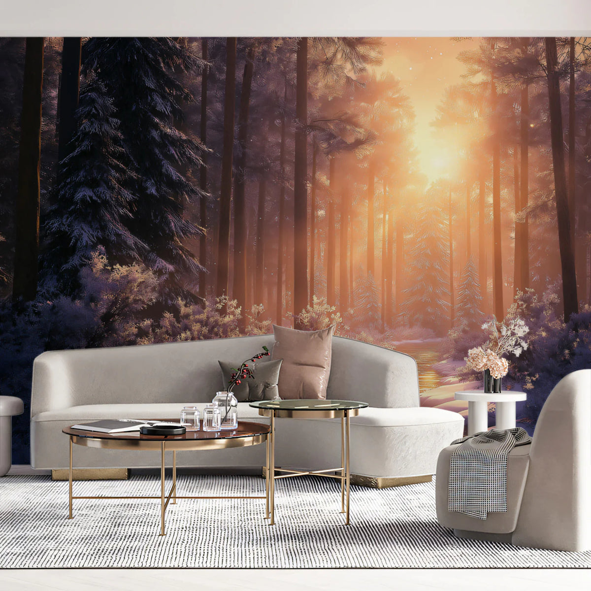 Winter Sunset Pine Forest Mural Wallpaper — Cinematic Scenic Decor Mural Wallpaper - room preview 02