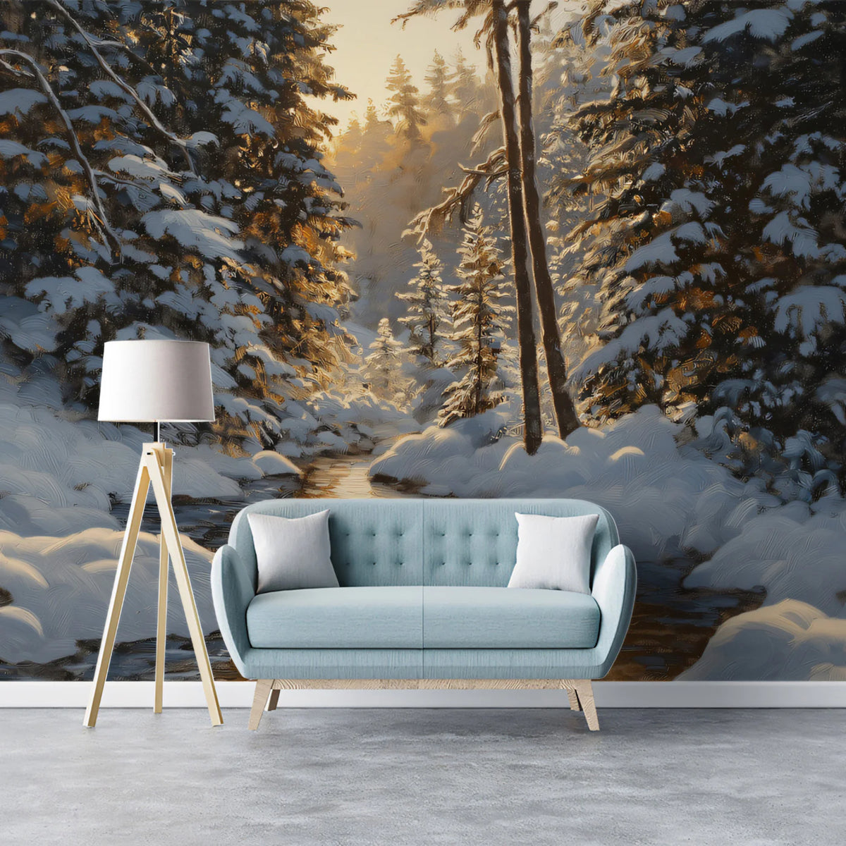 Sunlit Winter Brook Mural Wallpaper — Impressionist Forest Scene Mural Wallpaper - room preview 02