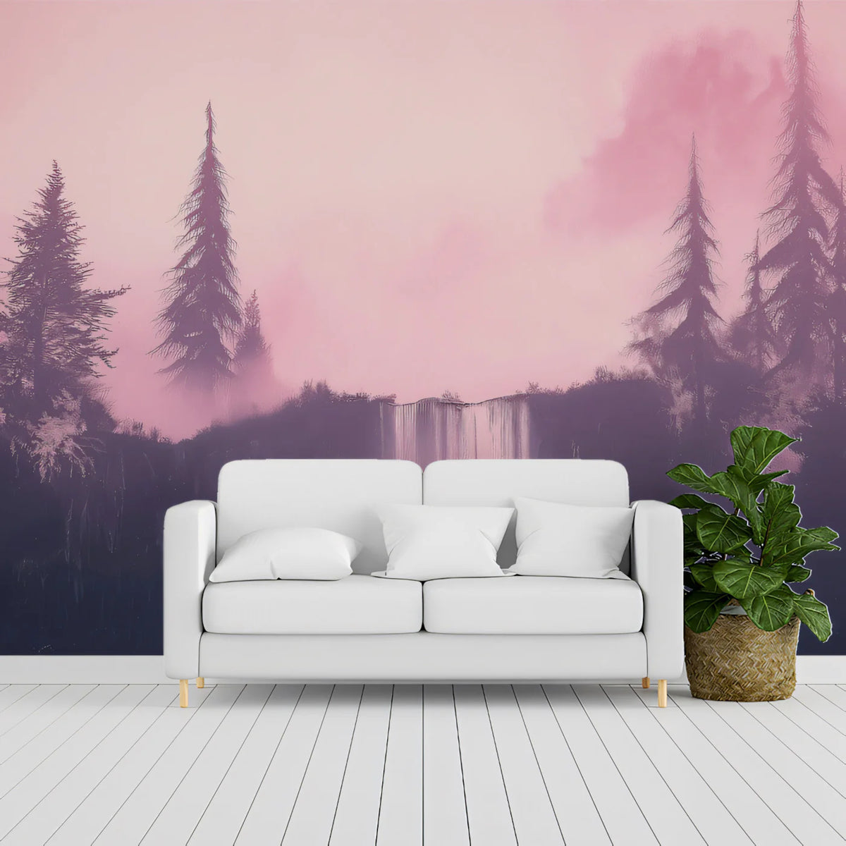 Lavender Mist Waterfall Mural — Ethereal Forest Landscape Wallpaper Mural Wallpaper - room preview 02