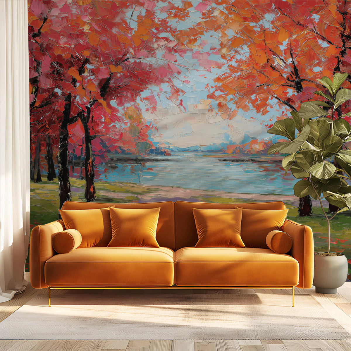Autumn Riverside Impasto Mural Wallpaper — Vibrant Oil Landscape Mural Wallpaper - room preview 02