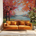 Autumn Riverside Impasto Mural Wallpaper — Vibrant Oil Landscape Mural Wallpaper - room preview 02