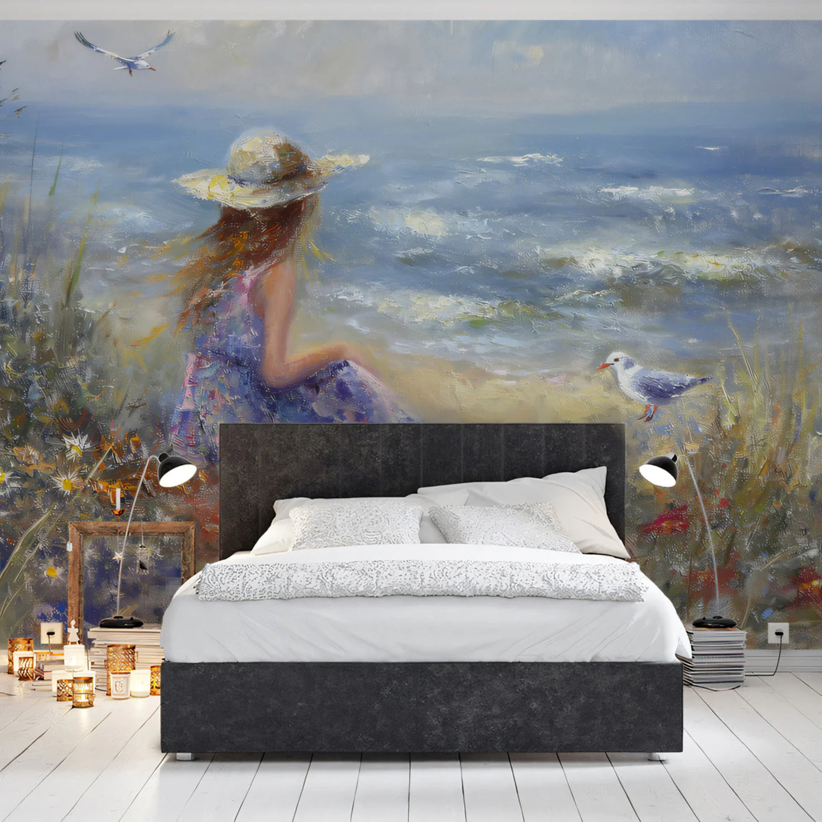 Coastal Impressionist Girl and Seagull Mural Wallpaper - room preview 02