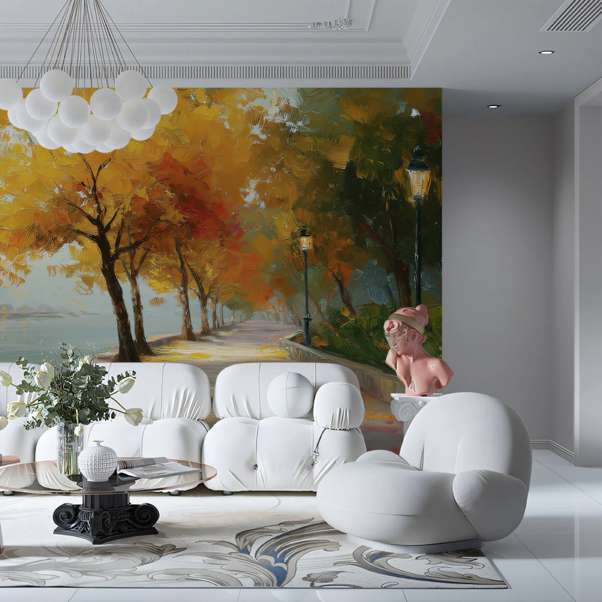 Autumn Lakeside Promenade Mural Wallpaper — Impressionistic Park Scene Mural Wallpaper - room preview 02