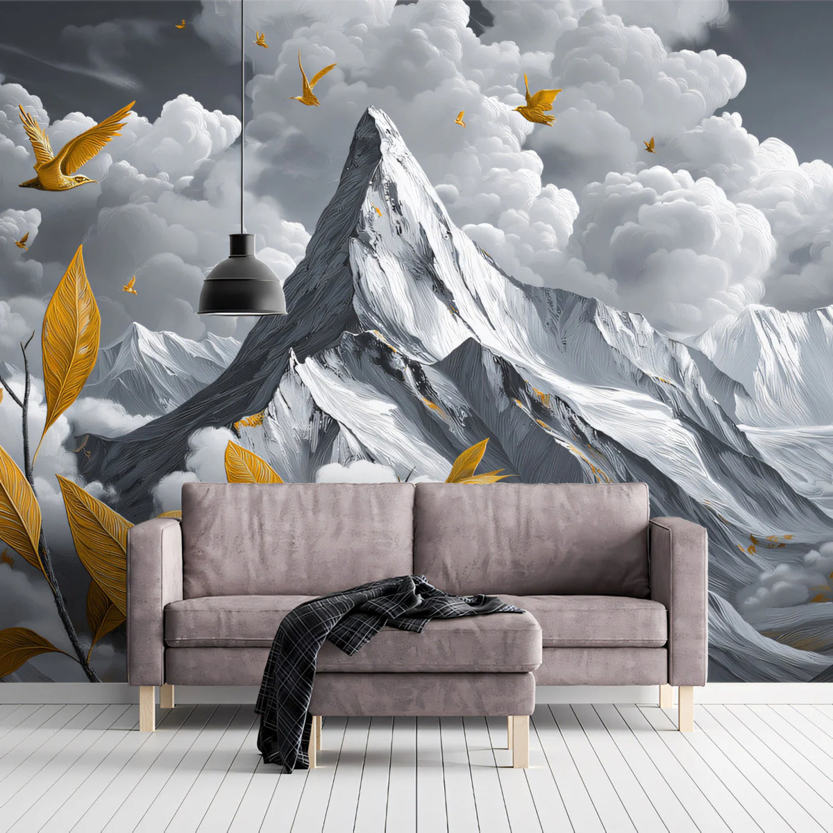 Golden Peaks and Flying Birds Mural Wallpaper — Surreal Landscape Mural Wallpaper - room preview 02