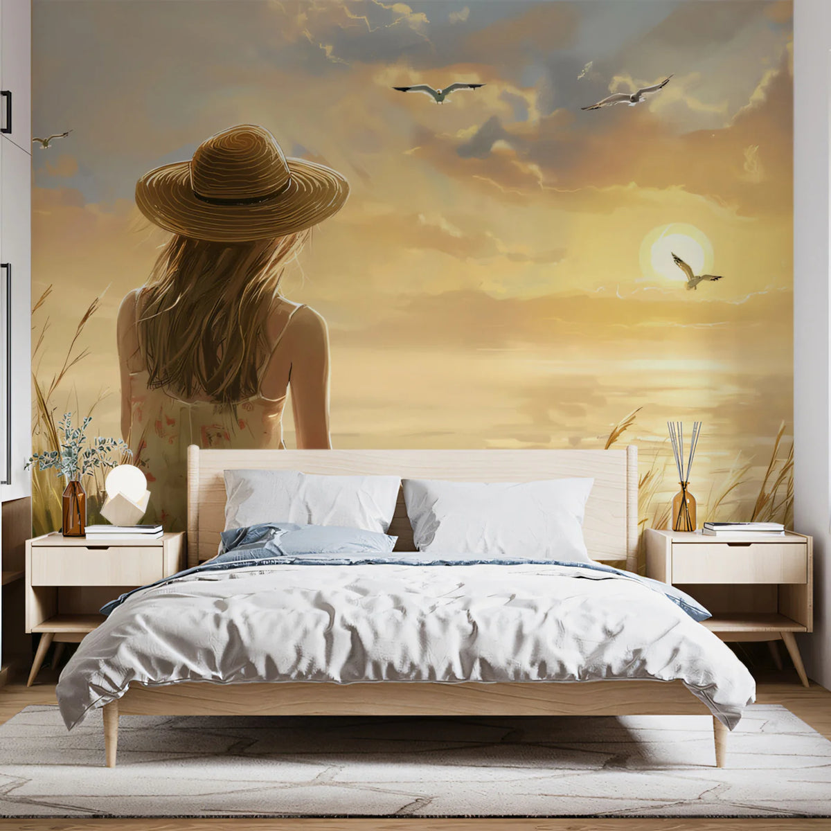 Coastal Sunset Girl Meadow Mural Wallpaper — Impressionistic Style Mural Wallpaper - room preview 02