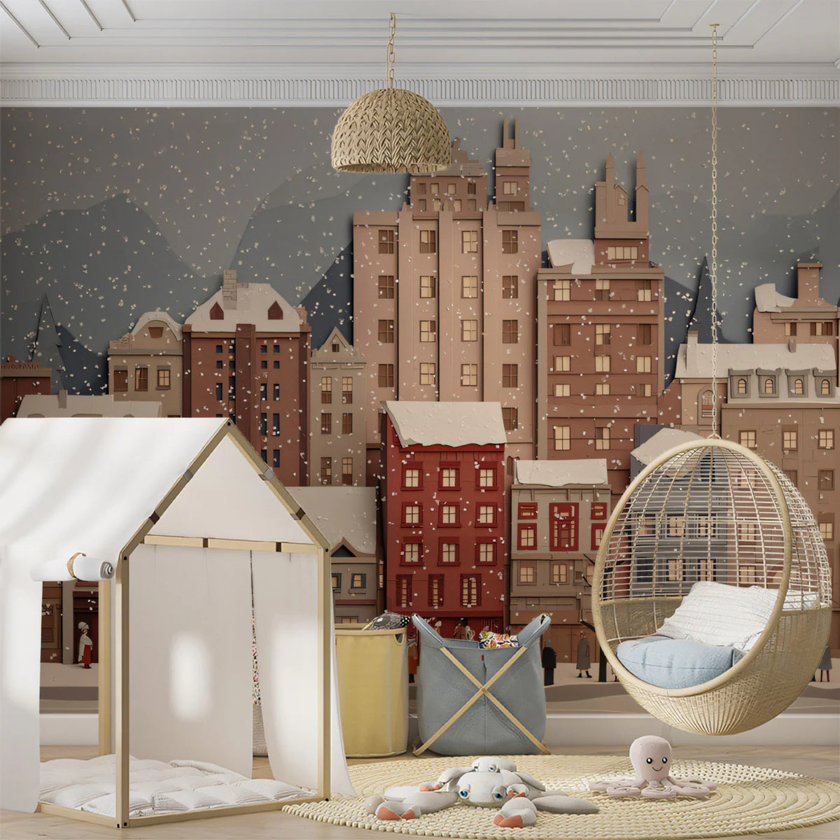 Snowy Paper-Cut Cityscape Mural — Whimsical Urban Winter Decor Mural Wallpaper - room preview 02