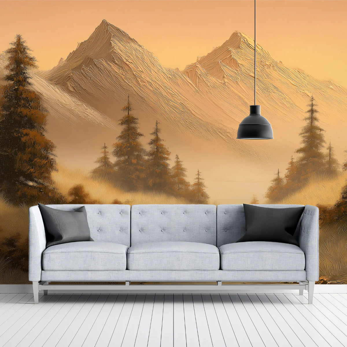 Golden Wilderness Mountain Stream Mural — Oil Painting Style Mural Wallpaper - room preview 02