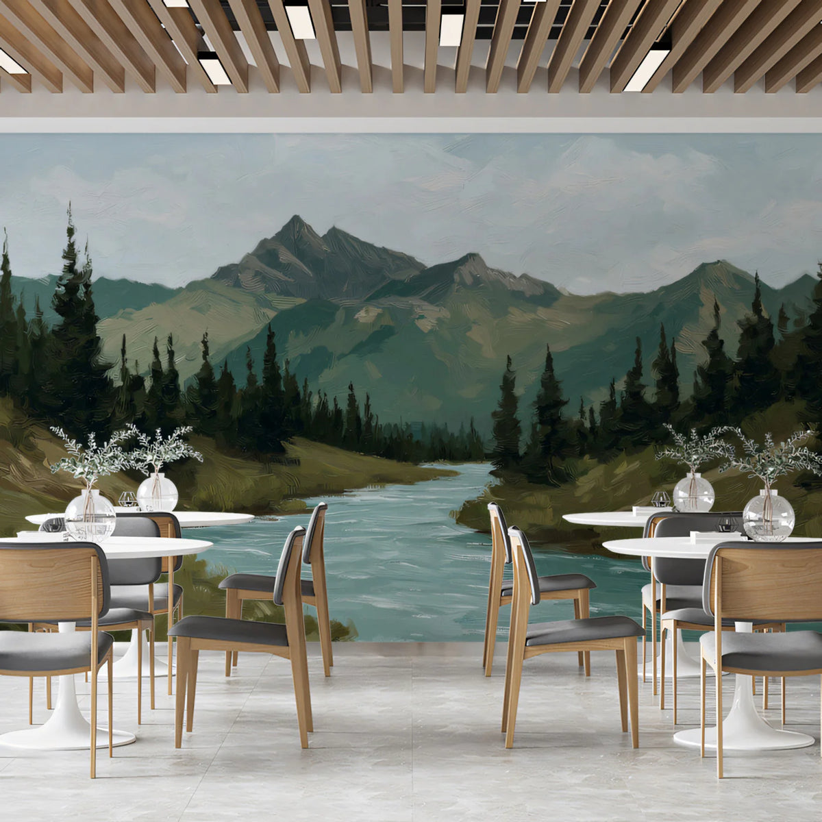 Alpine Pine River Mural Wallpaper — Impressionistic Landscape Mural Wallpaper - room preview 02