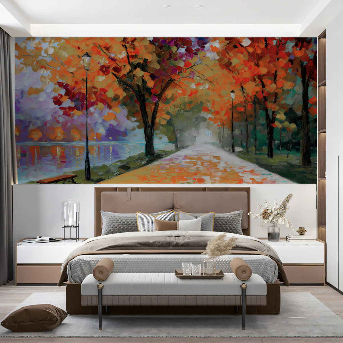 Autumn Lakeside Path Mural Wallpaper — Impressionist Oil Painting Mural Wallpaper - room preview 02