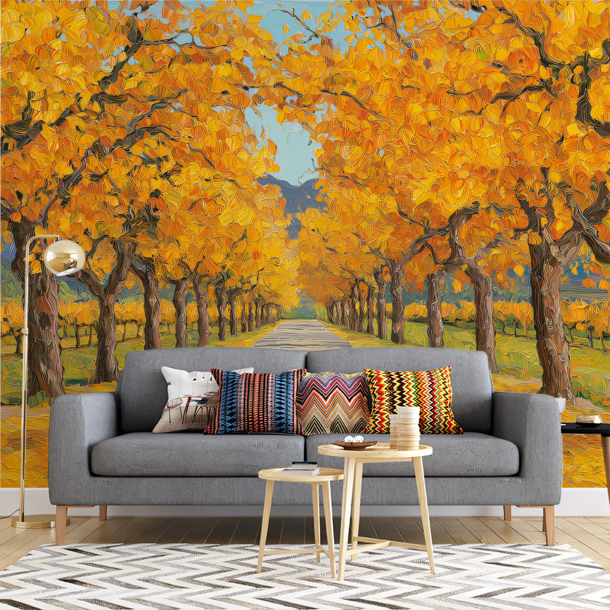 Golden Autumn Orchard Mural Wallpaper — Impressionistic Landscape Mural Wallpaper - room preview 02