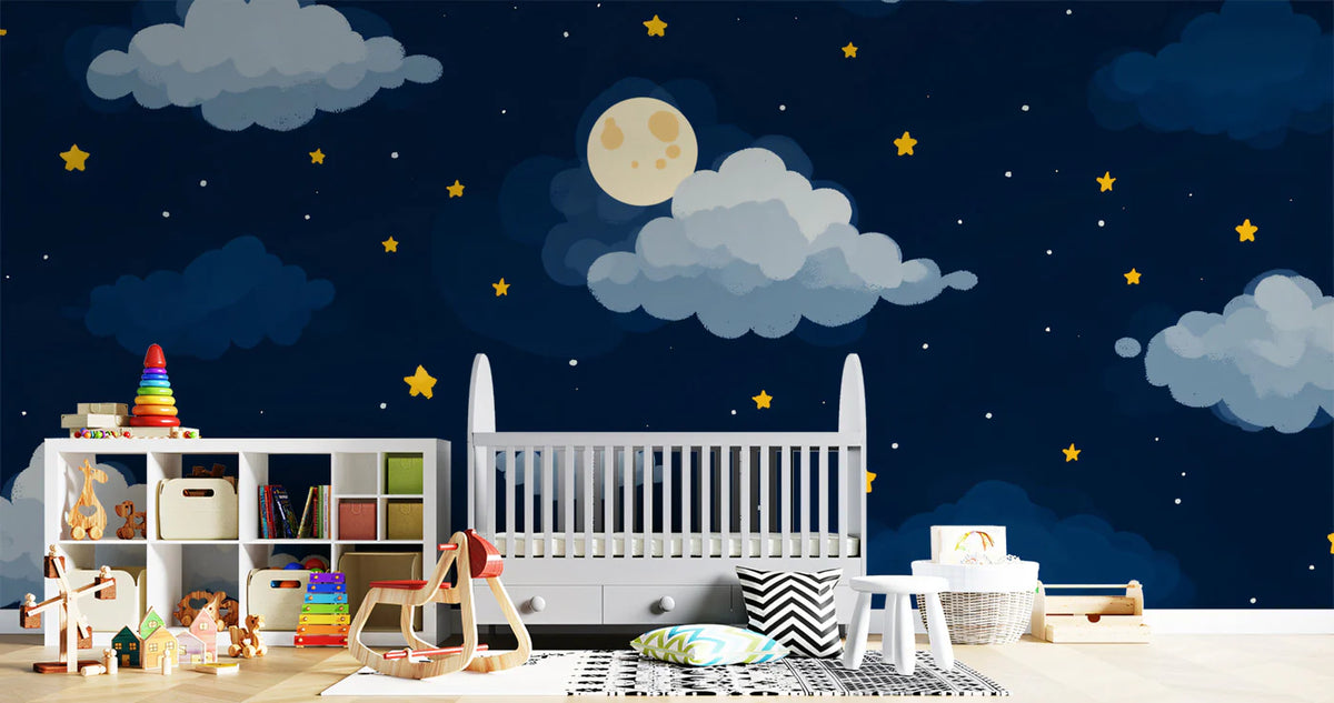 Starry Night Clouds Mural Wallpaper — Whimsical Night Sky Decor Mural Wallpaper - room preview 02