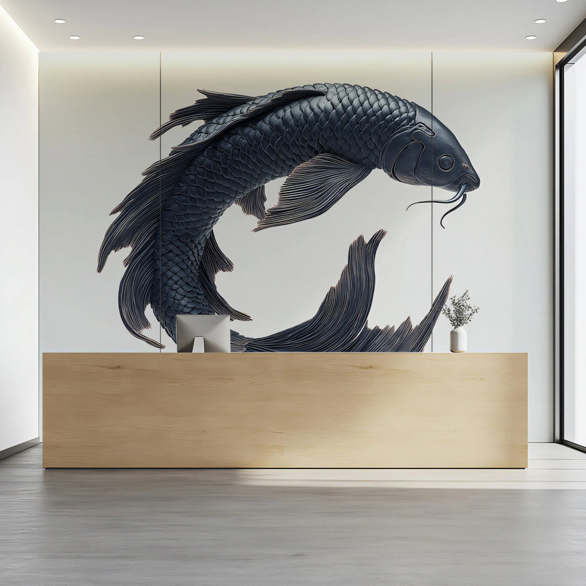 Sculptural Koi Fish Mural Wallpaper — Minimalist Zen Wall Art Mural Wallpaper - room preview 02