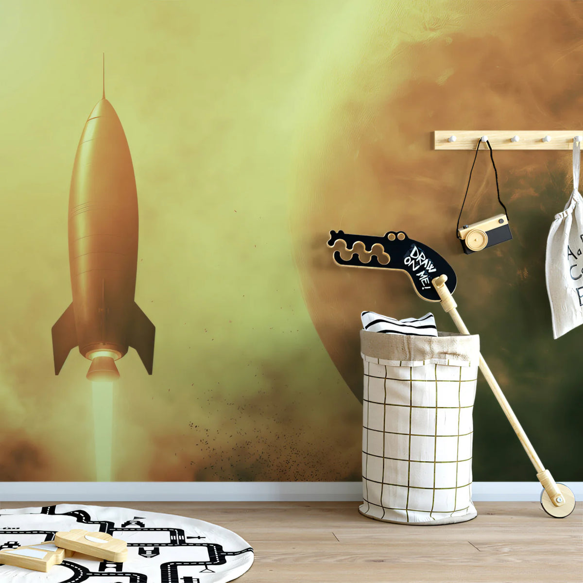 Vintage Rocket Space Mural Wallpaper — Retro Cinematic Martian Art Mural Wallpaper - room preview 02