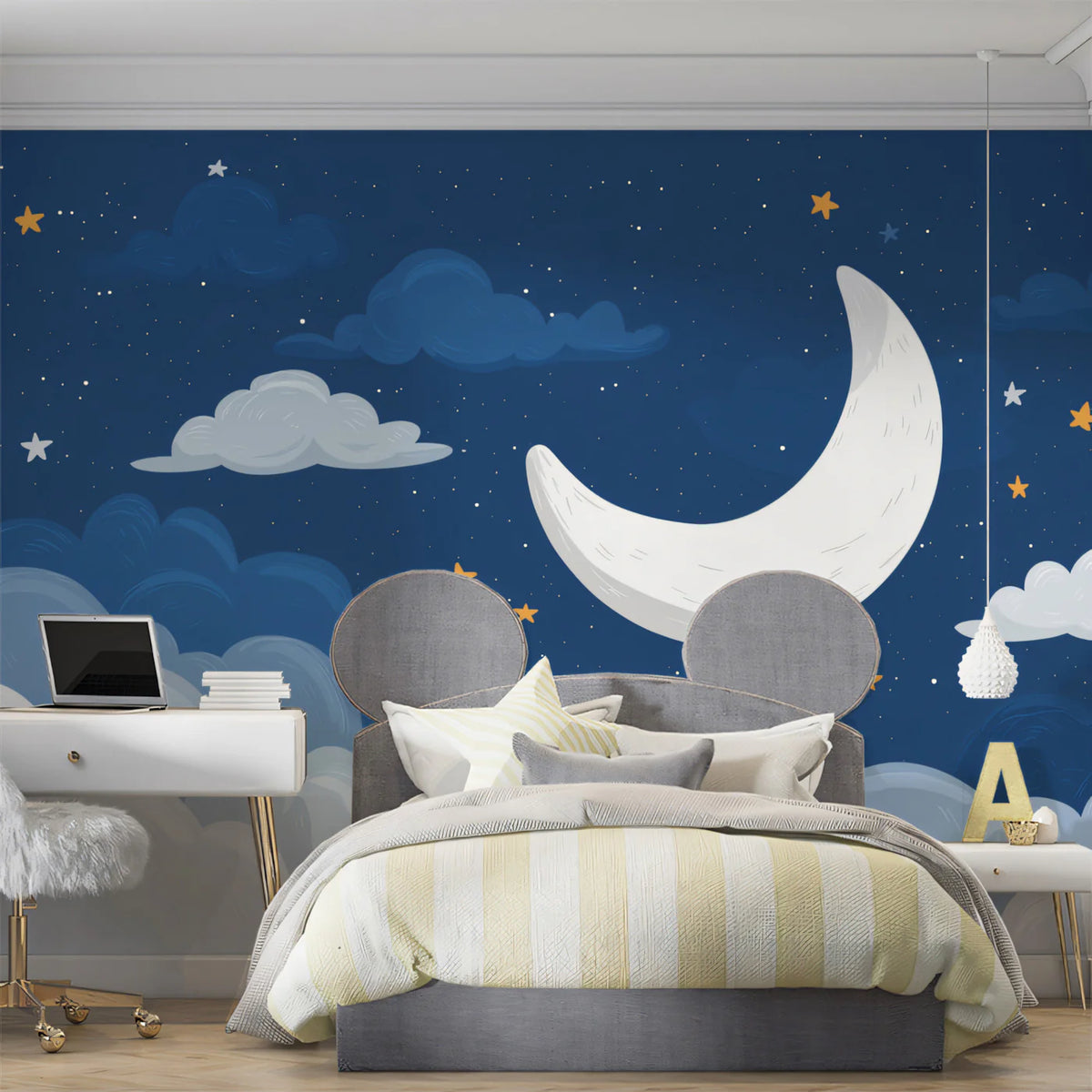 Crescent Moon and Night Sky Mural Wallpaper — Whimsical Decor Mural Wallpaper - room preview 02