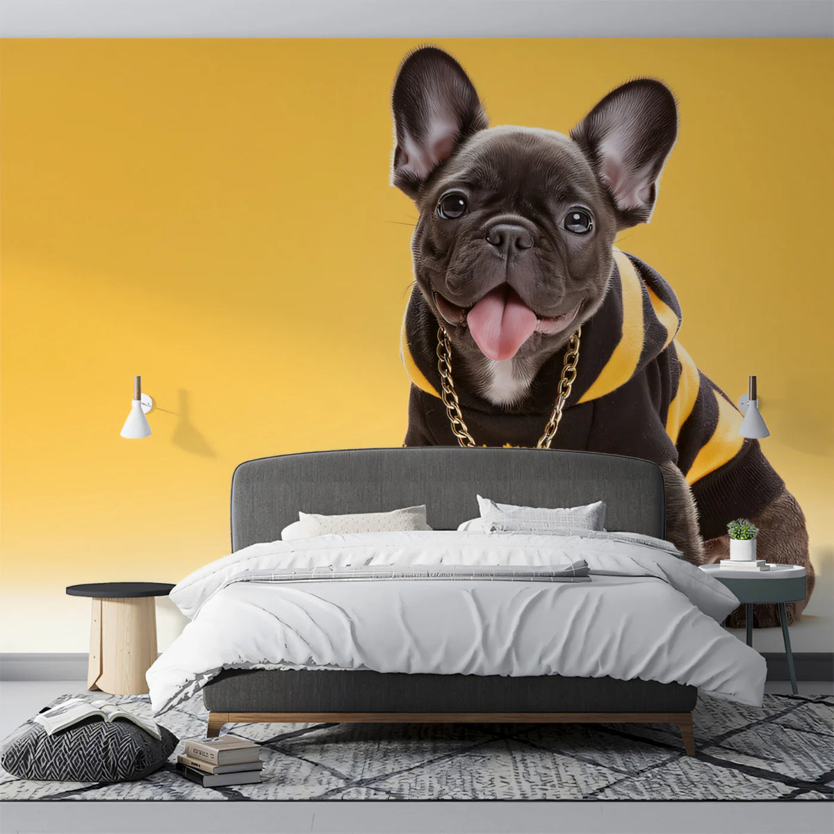 Hypebeast French Bulldog Mural Wallpaper —Vibrant Urban Style Mural Wallpaper - room preview 02