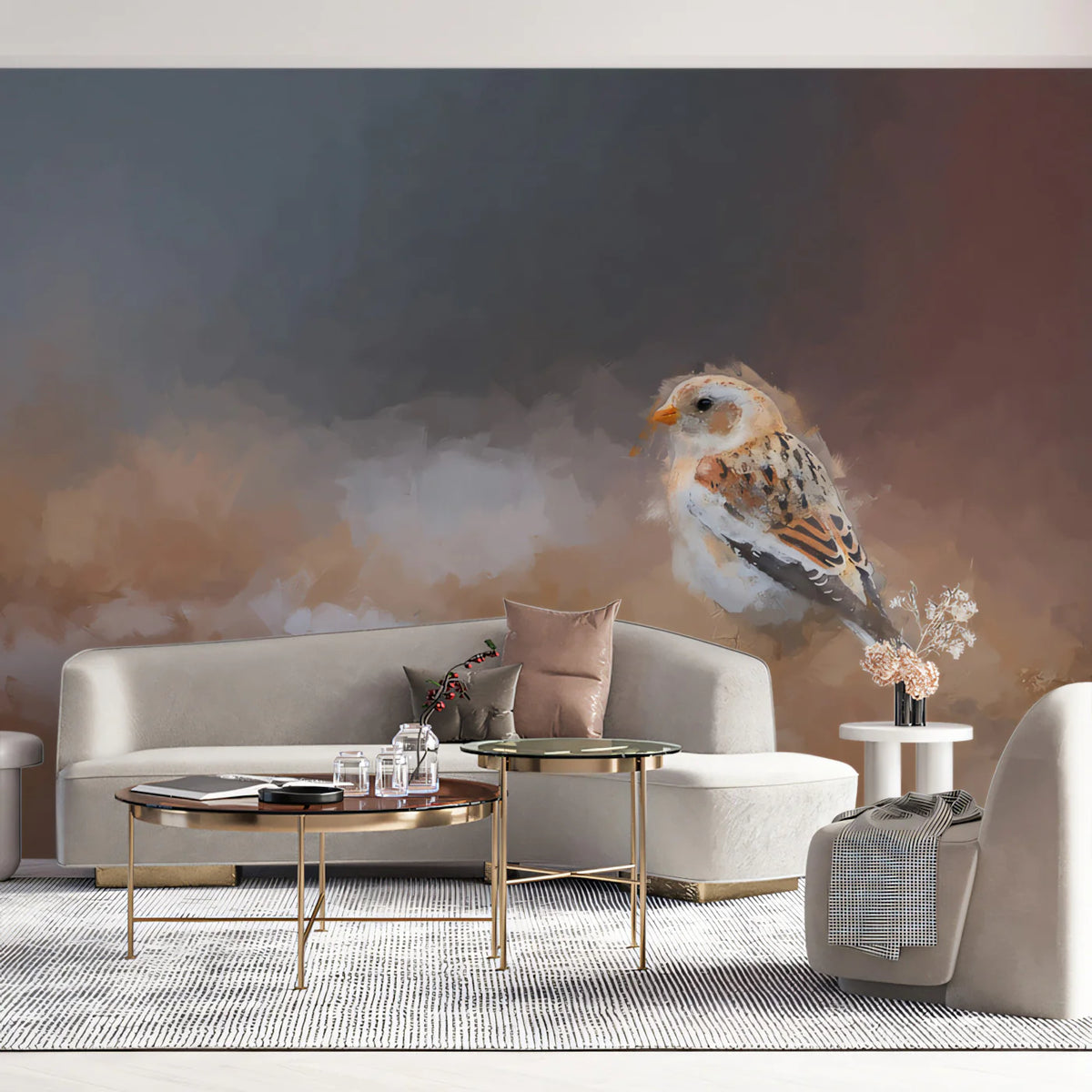 Snow Bunting Impressionist Mural Wallpaper — Muted Earthy Tones Mural Wallpaper - room preview 02