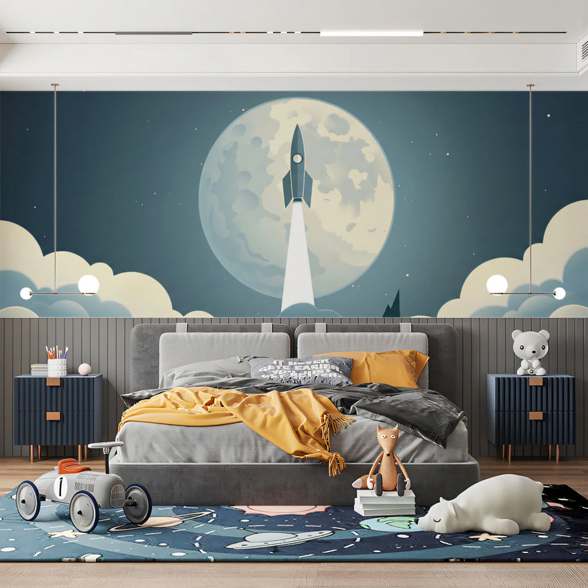 Lunar Rocket Ascent Mural Wallpaper — Minimalist Retro Space Art Mural Wallpaper - room preview 02