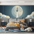 Lunar Rocket Ascent Mural Wallpaper — Minimalist Retro Space Art Mural Wallpaper - room preview 02