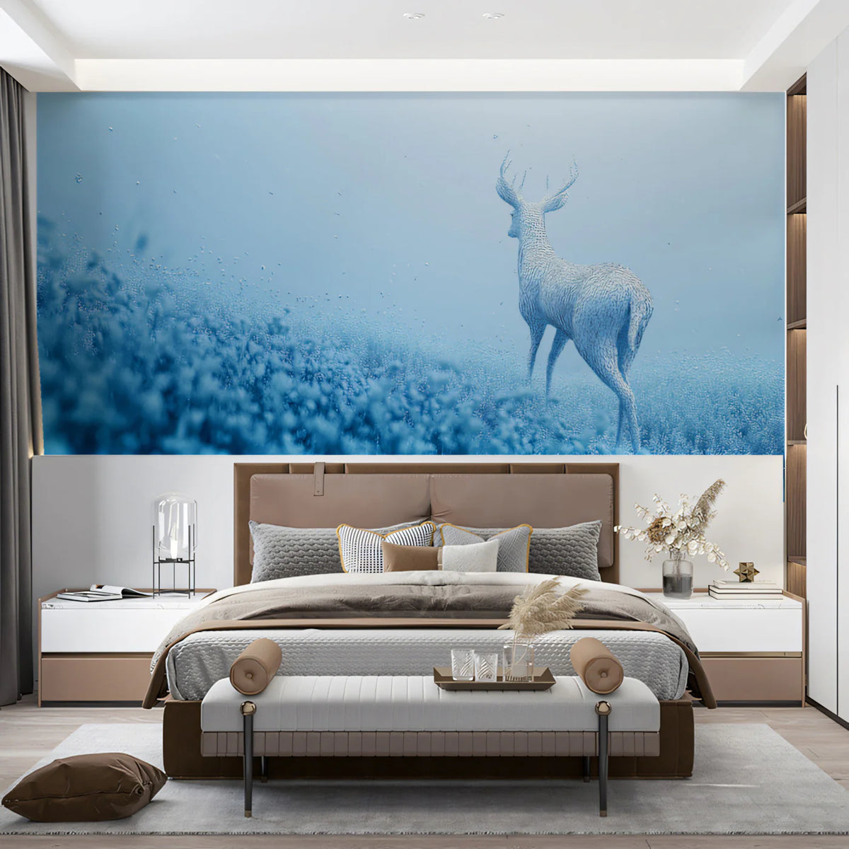 Digital Mesh Deer Mural Wallpaper — Ethereal Blue Forest Landscape Mural Wallpaper - room preview 02
