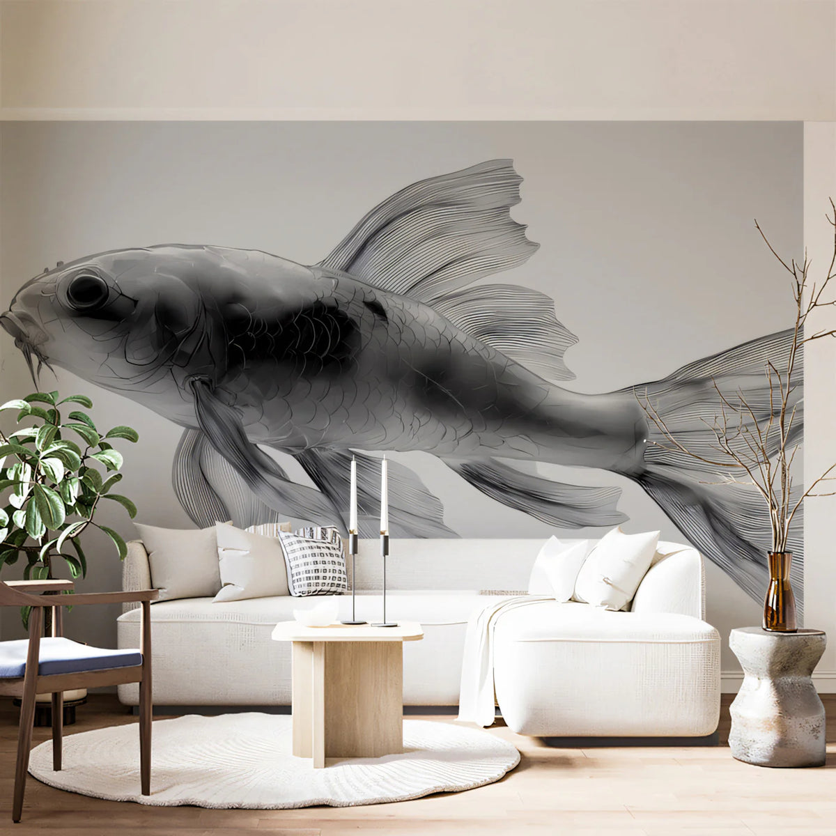 Transparent Koi Fish Mural Wallpaper — Minimalist Ink Style Mural Wallpaper - room preview 02