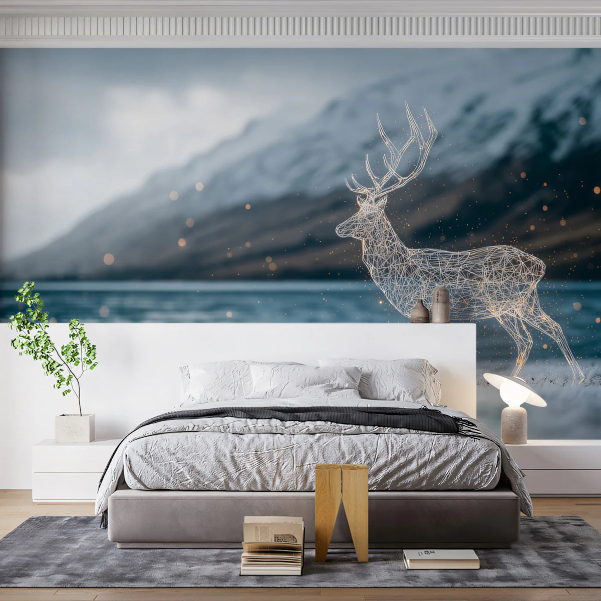 Wireframe Stag Lakeside Mural Wallpaper — Modern Digital Landscape Mural Wallpaper - room preview 02