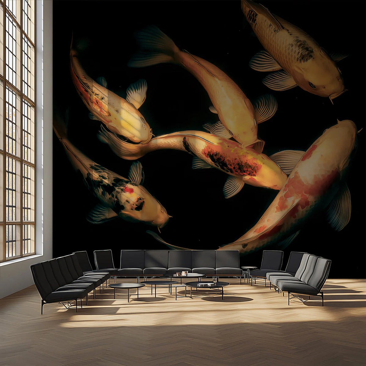Golden Koi Swirl Mural Wallpaper — Artistic Fluid Art Pattern Mural Wallpaper - room preview 02