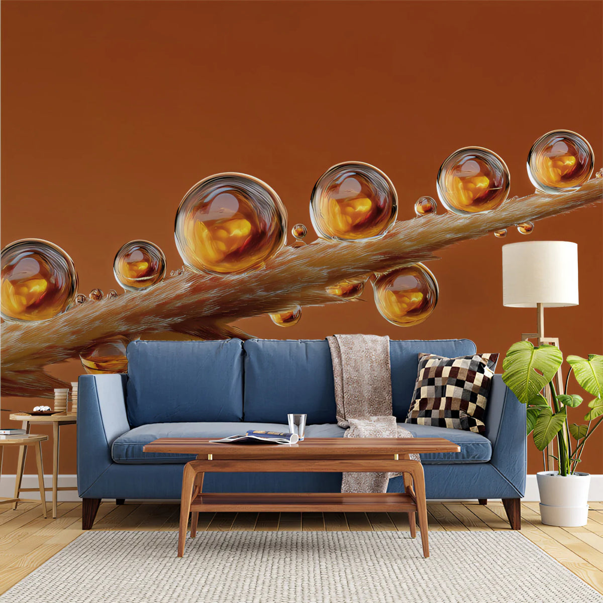 Golden Dewdrop Macro Mural Wallpaper — Nature Inspired Minimalist Mural Wallpaper - room preview 02