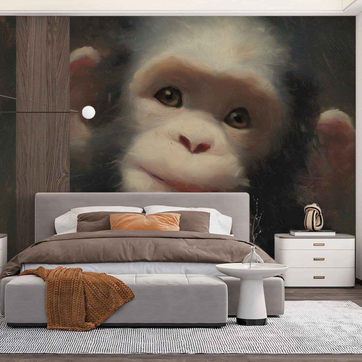 Contemplative Baby Chimp Oil Painting Mural Wallpaper - room preview 02