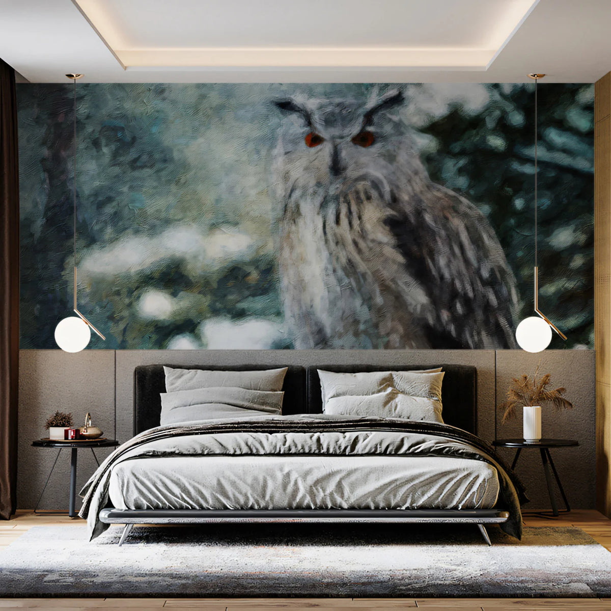 Arctic Great Horned Owl Mural Wallpaper — Impressionist Wildlife Art Mural Wallpaper - room preview 02