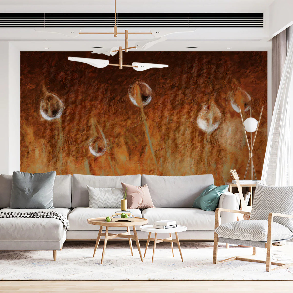 Warm Earthy Moss & Spores Wall Mural Impressionist Nature Texture & Golden Amber Botanical Art Mural Wallpaper - room preview 02