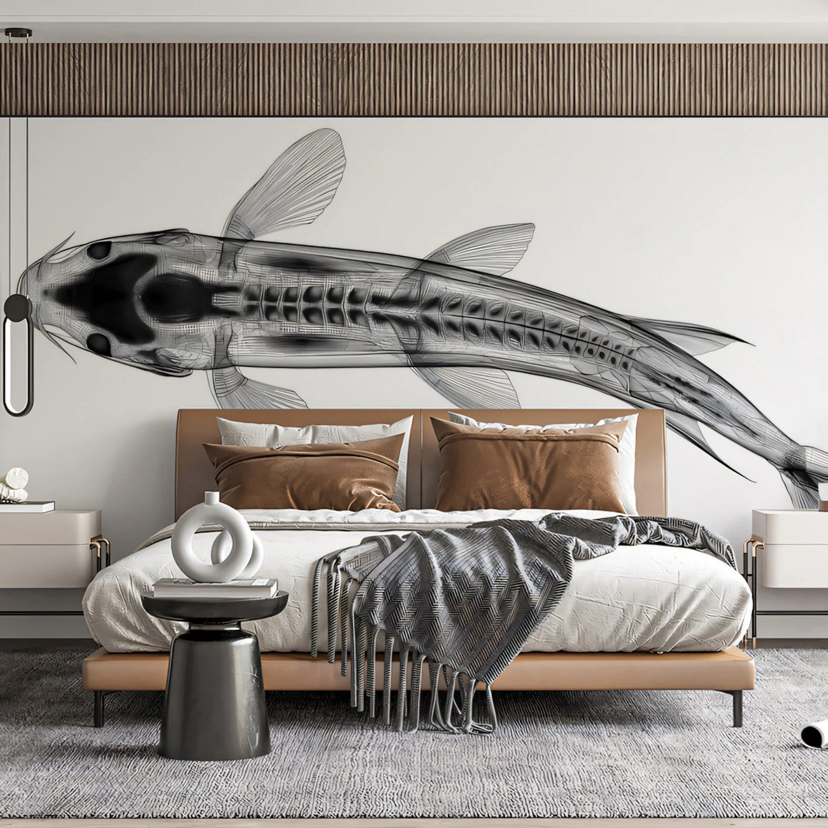 Koi X-Ray Anatomy Mural Wallpaper — Scientific Monochrome Minimalist Mural Wallpaper - room preview 02