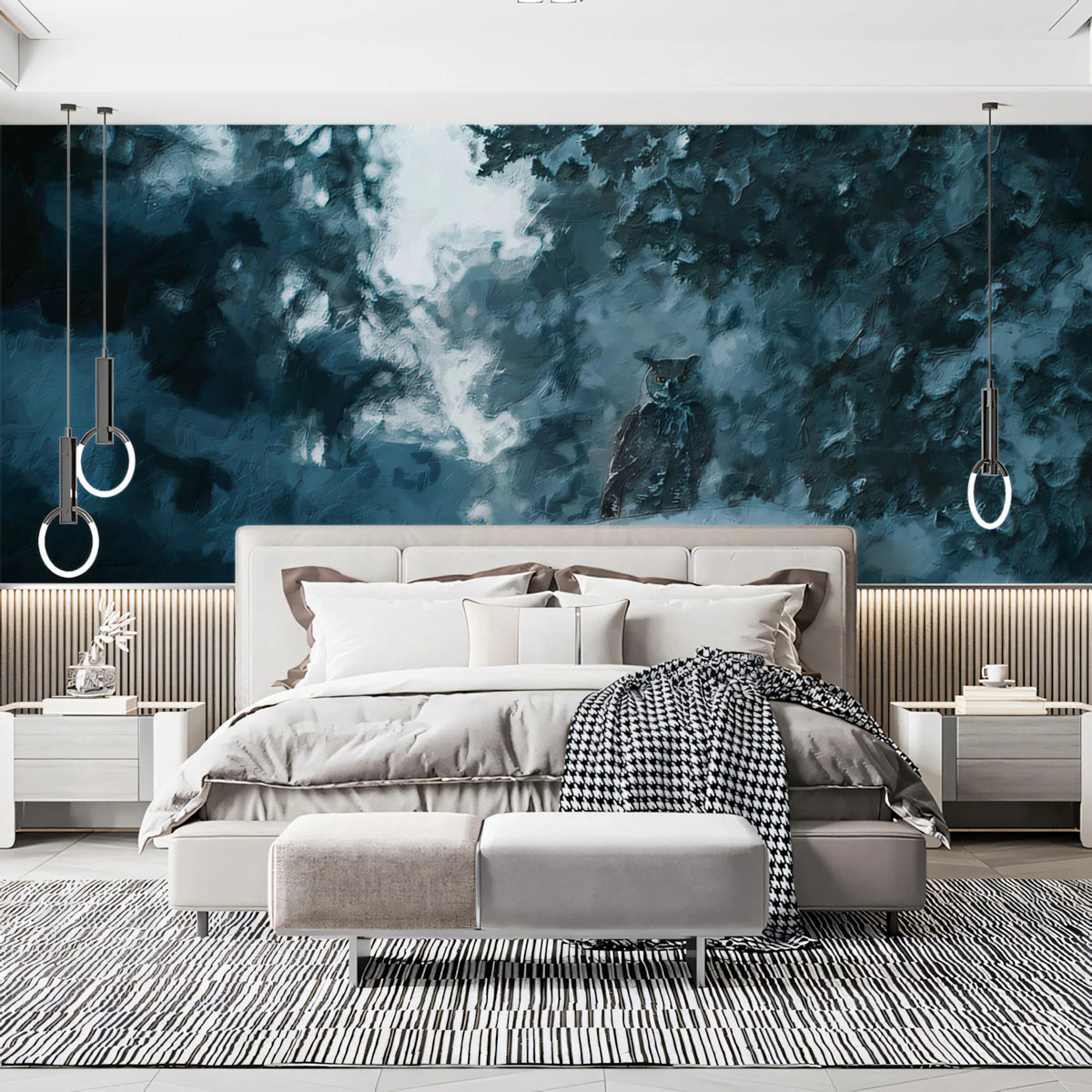 Snowy Owl Night Forest Mural Wallpaper — Moody Winter Art Mural Wallpaper - room preview 02