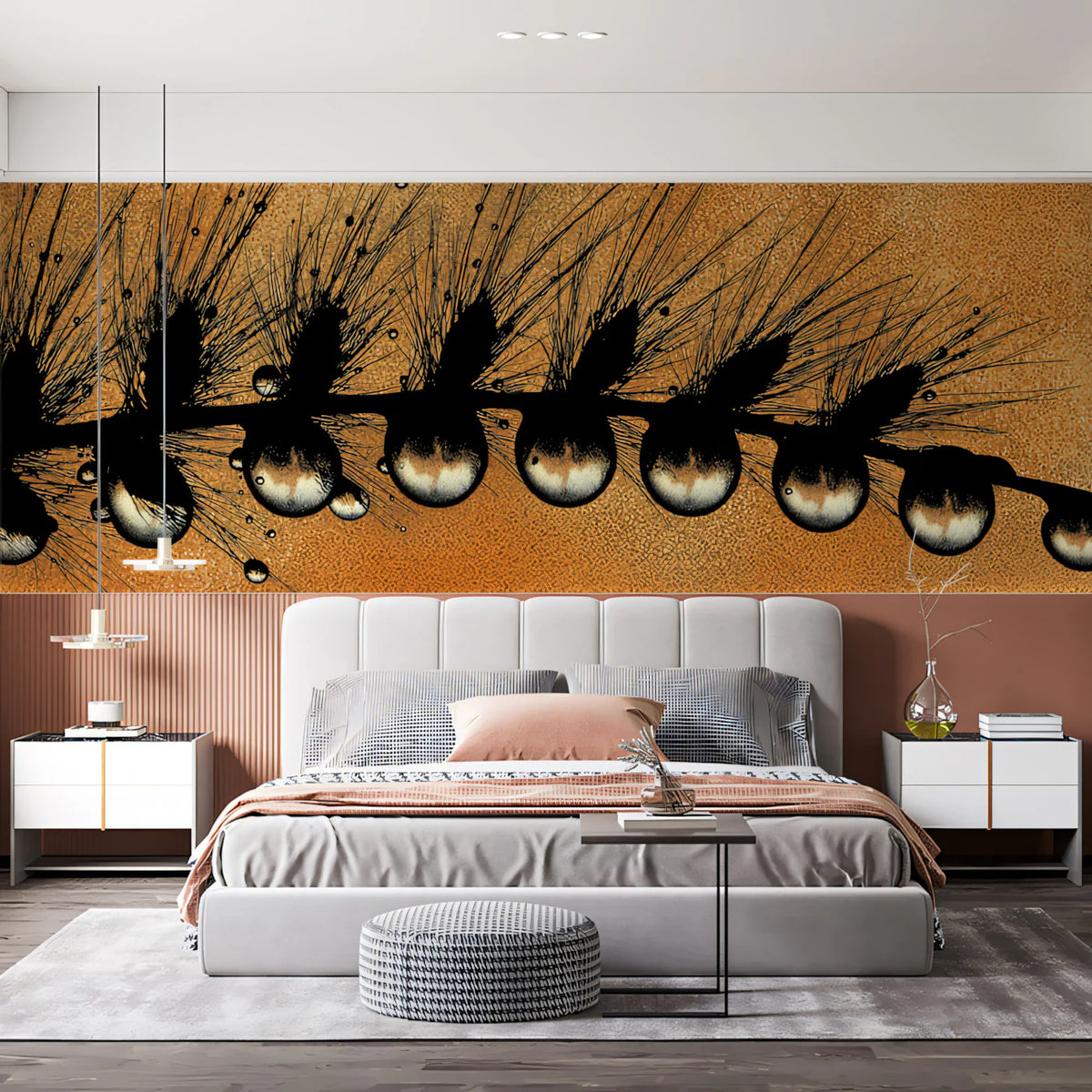 Macro Dewdrop Grass Mural Wallpaper — Warm Amber Botanical Art Mural Wallpaper - room preview 02