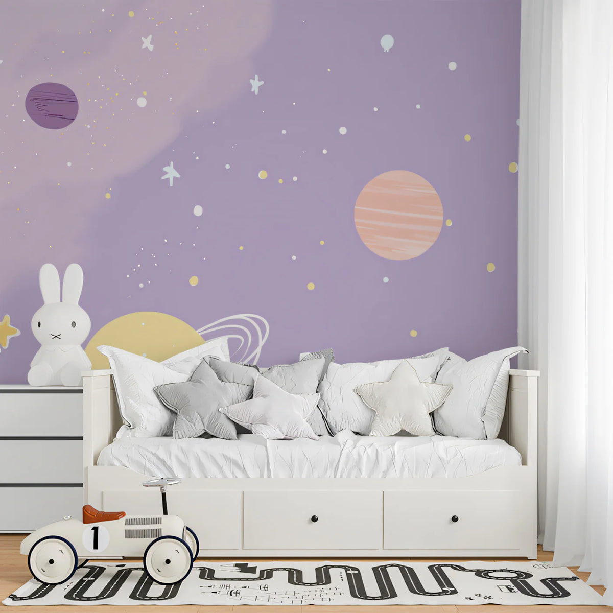 Pastel Galaxy Mural Wallpaper — Whimsical Celestial Space Design Mural Wallpaper - room preview 02