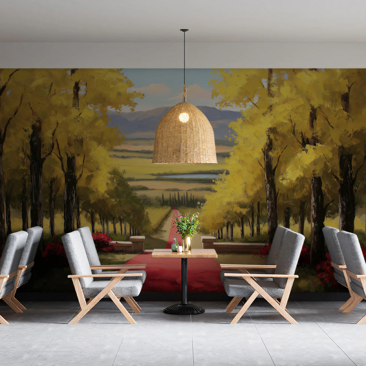 Autumn Vineyard Path Mural Wallpaper — Impressionist Landscape Mural Wallpaper - room preview 02