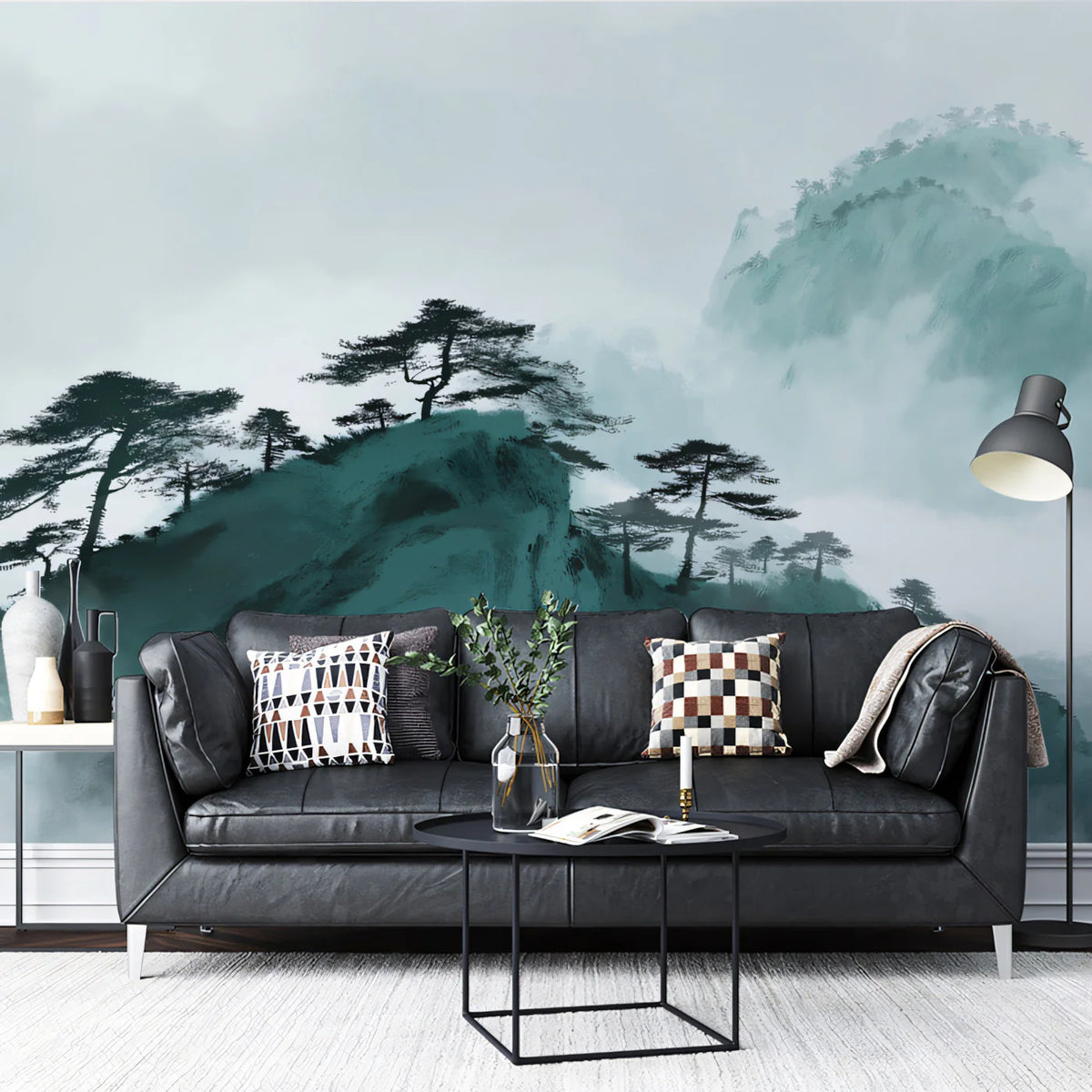 Mist-Shrouded Pine Mountain Mural Wallpaper — Ink Wash Landscape Mural Wallpaper - room preview 02