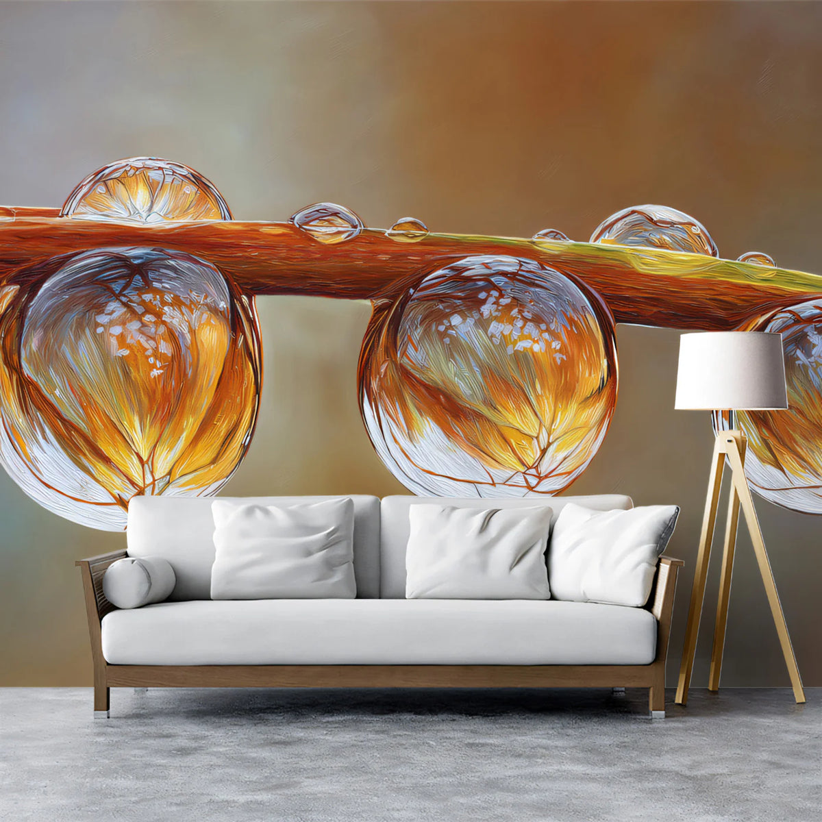 Golden Dewdrop Macro Mural Wallpaper — Artistic Botanical Detail Mural Wallpaper - room preview 02