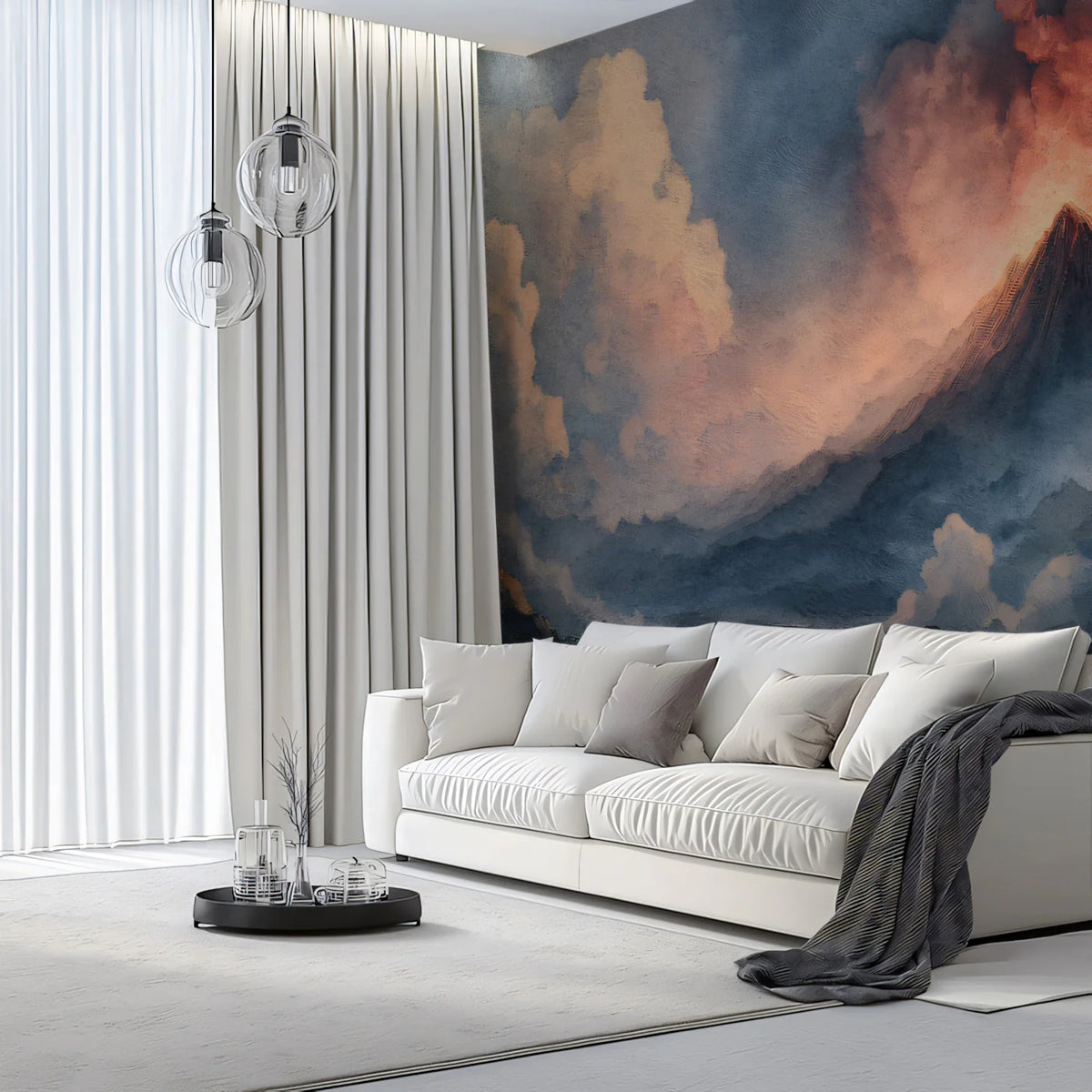 Volcano Ascent Watercolor Mural Wallpaper — Moody Mountain Landscape Mural Wallpaper - room preview 02
