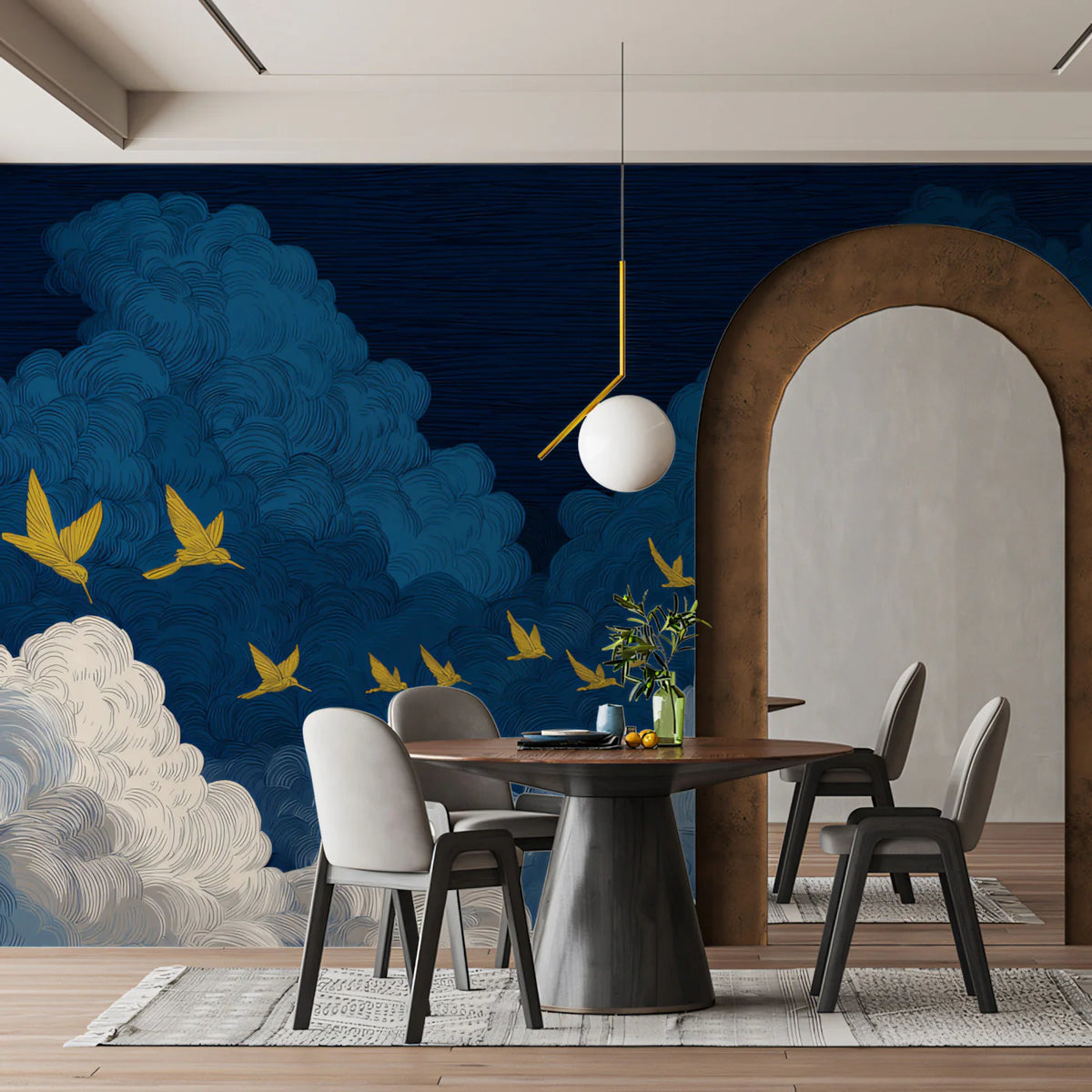 Golden Swallows Mural Wallpaper — Midnight Sky Artistic Design Mural Wallpaper - room preview 02